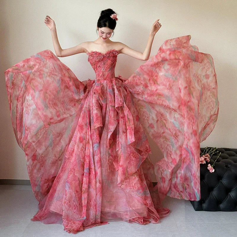 A Line Strapless Floral Print Long Prom Dress Sexy Evening Dresses - VelvetHem