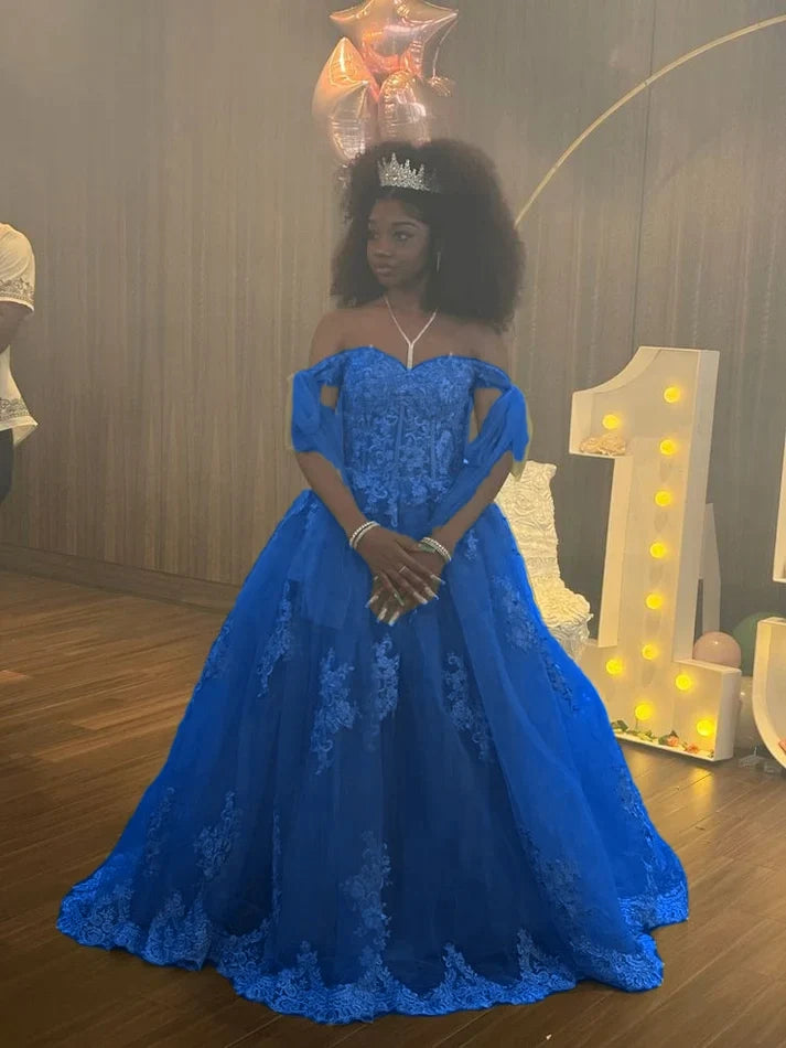 A Line Green Tulle Lace Princess Dresses Off the Shoulder Party Ball Gowns fg6204 - View 6 | VelvetHem