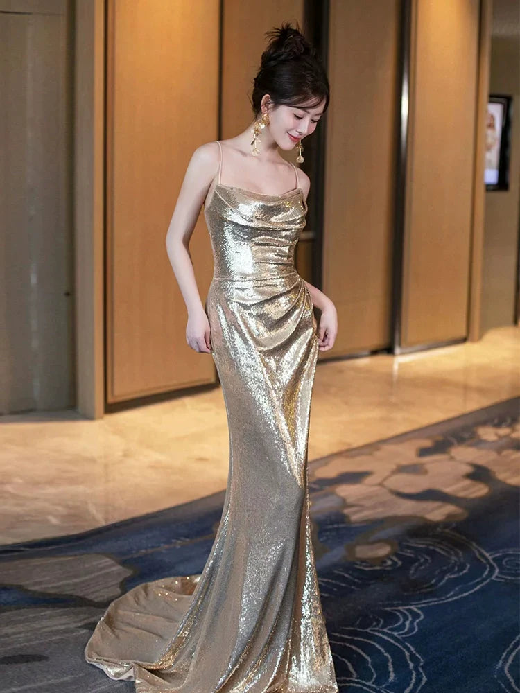 Gold Sequin Mermaid Long Prom Dress Sexy Evening Dresses - View 2 | VelvetHem