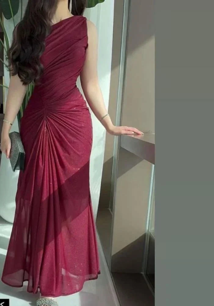 Burgundy Shiny One Shoulder Long Party Dress Evening Dress Prom Dresses - VelvetHem