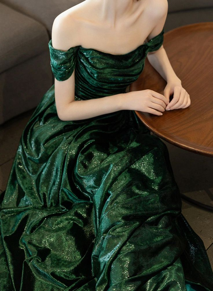 Beautiful Green Off Shoulder Evening Dress, Green Long Prom Dress - VelvetHem