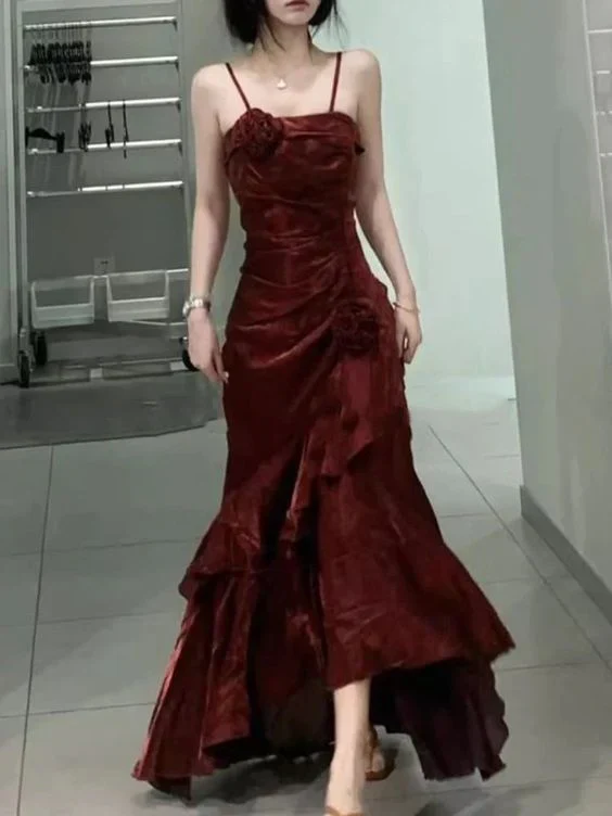 Elegant Mermaid Ruffles Spaghetti Straps Prom Dress With Flower,Formal Party Evening Dress - View 4 | VelvetHem