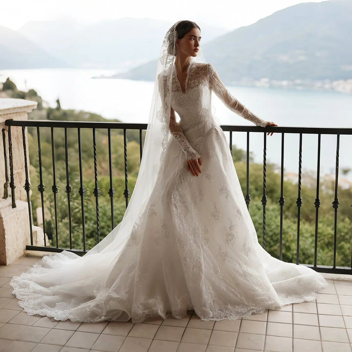Timeless White Lace V-Neck Long Sleeve Wedding Dress with Cathedral Veil ZP104 - VelvetHem