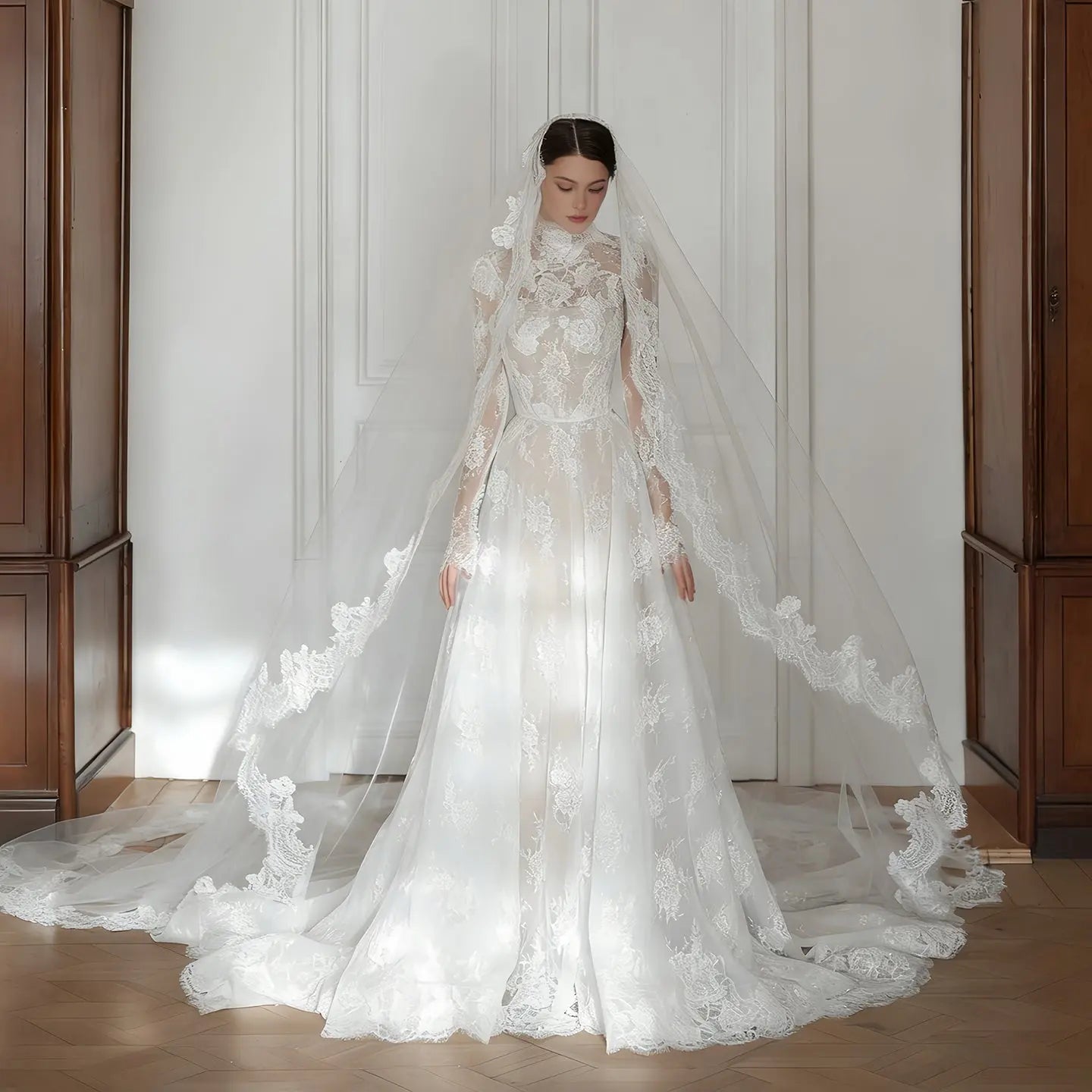 Regal Ivory Lace High Neck Long Sleeve Wedding Dress with Cathedral Veil ZP105