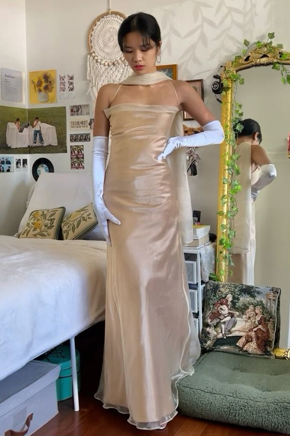Elegant Sheath Spaghetti Straps Champagne Long Prom Dress with Scarf