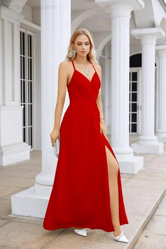 Ladies Chiffon Spaghetti Strap V Neck Front Slit Floor Length Bridesmaid Evening Dress Prom Party Wedding Evening Dress 28116 (ZD17012)