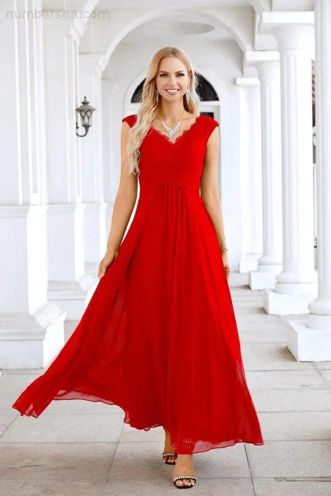 Ladies Chiffon V Neck Sleeveless Floor Length Bridesmaid Evening Dress Wedding Party Evening Dress 28126 (ZD16989)