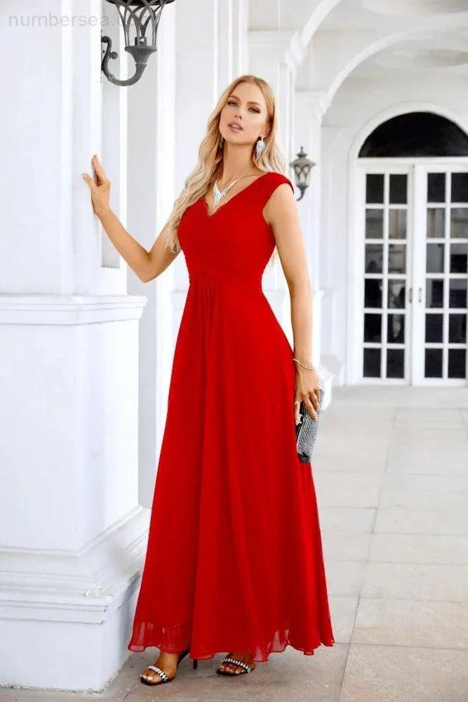 Ladies Chiffon V Neck Sleeveless Floor Length Bridesmaid Evening Dress Wedding Party Evening Dress 28126 (ZD16989)