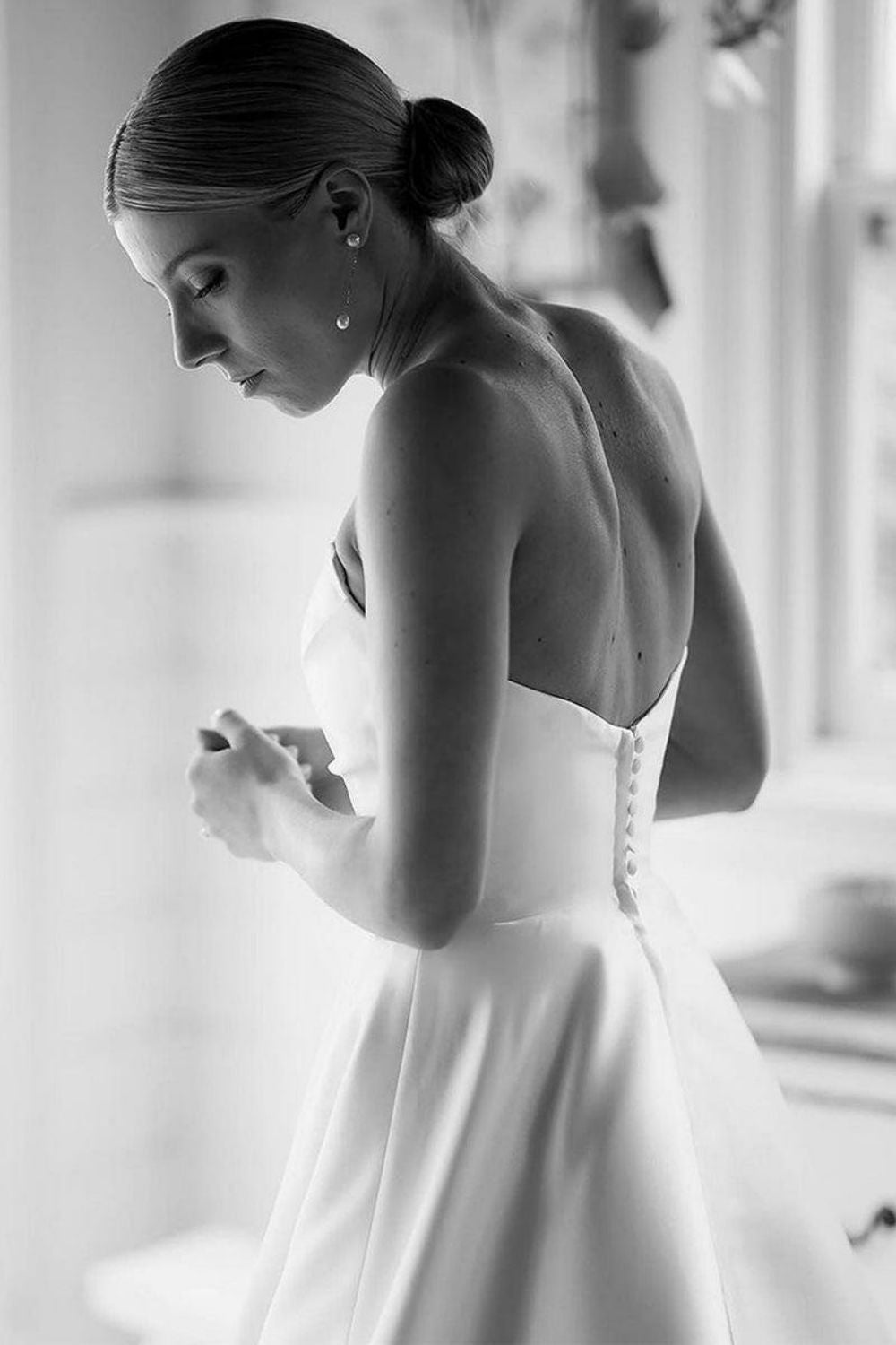 Simple A Line Strapless White Long Bridal Dress with Train - View 4 | VelvetHem
