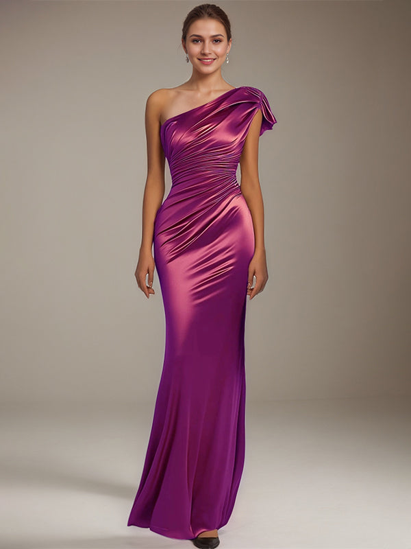 Formal Party Satin Dress Purple One-Shoulder Pleated Floor-Length Dress - VelvetHem