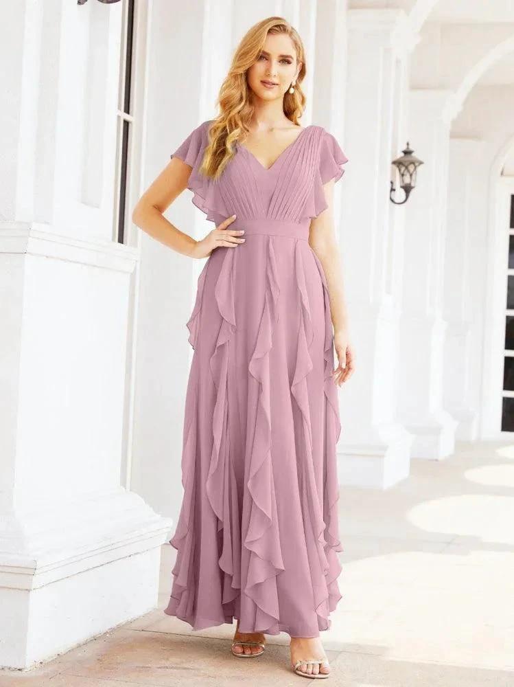 Ruffled Bridesmaid Dresses with Sleeves Long Formal Party Dress 28041 by numbersea