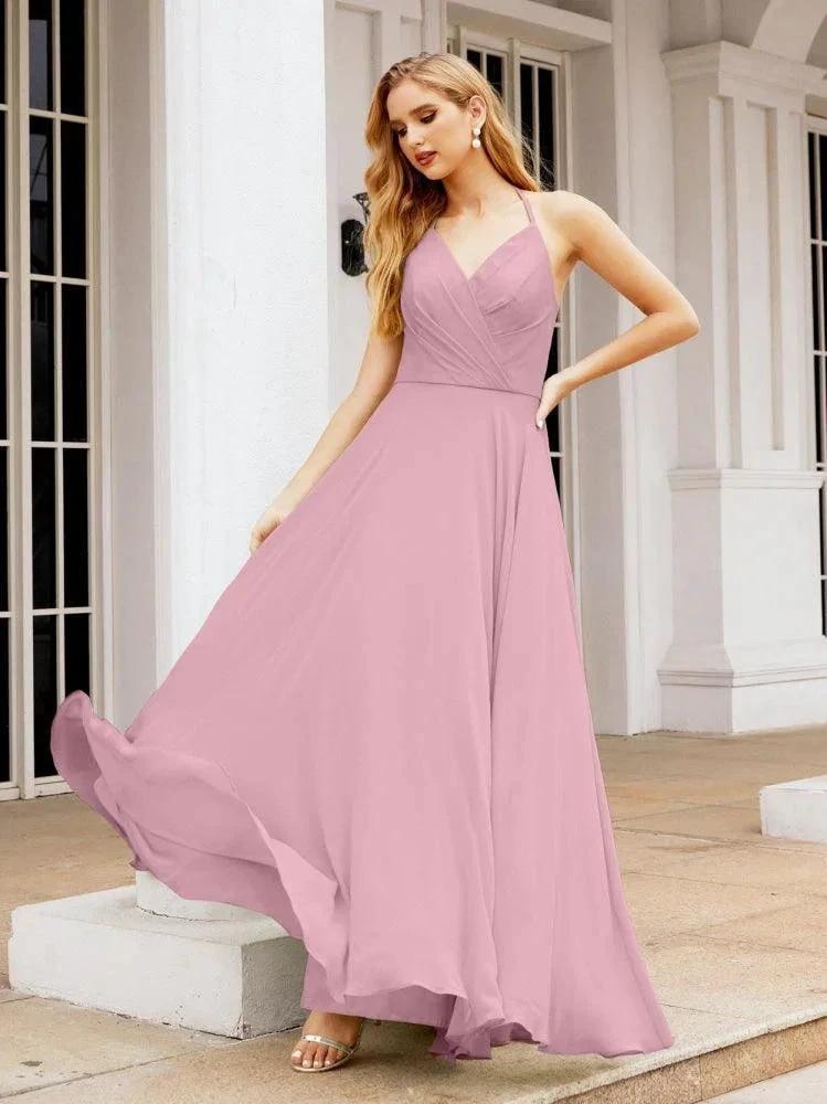Numbersea Halter Chiffon Bridesmaid Dresses Wedding Appare Sleeveless Formal Prom Dress with Ruffled Back 28035 by numbersea