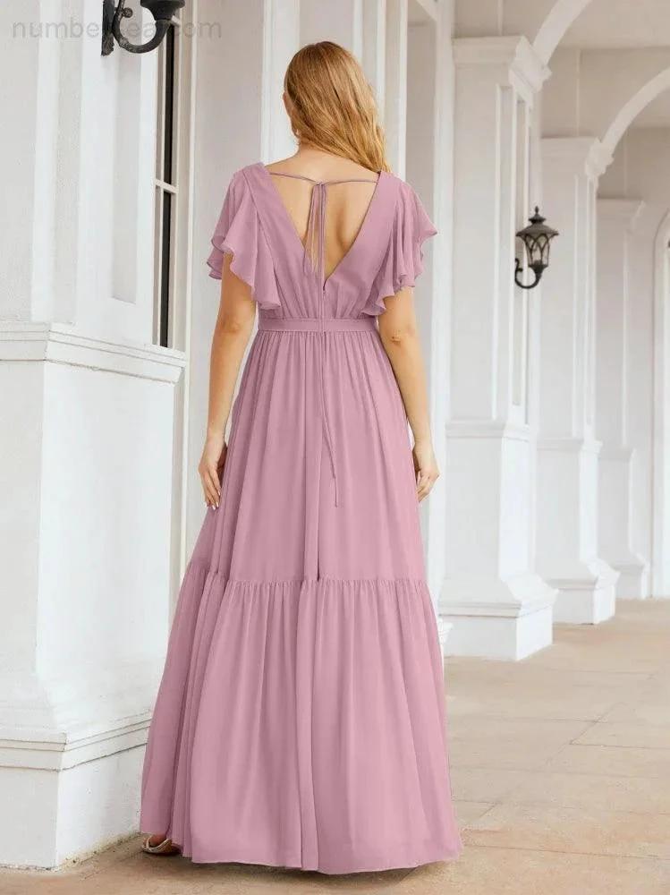 ZapDress Women's Open Back Formal Evening Party Prom Gowns V-Neck Long Chiffon Bridesmaid Dresses with Waist Belt 28038 (ZD17000)