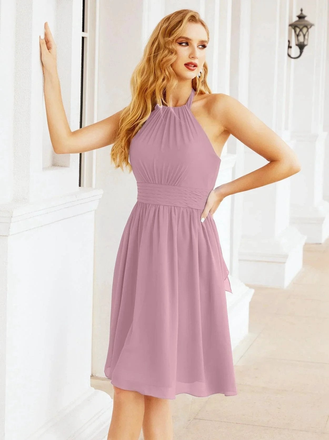 ZapDress Halter Chiffon Bridesmaid Dresses Short Sleeveless Formal Party Dress Open Back 28023 (ZD16957)