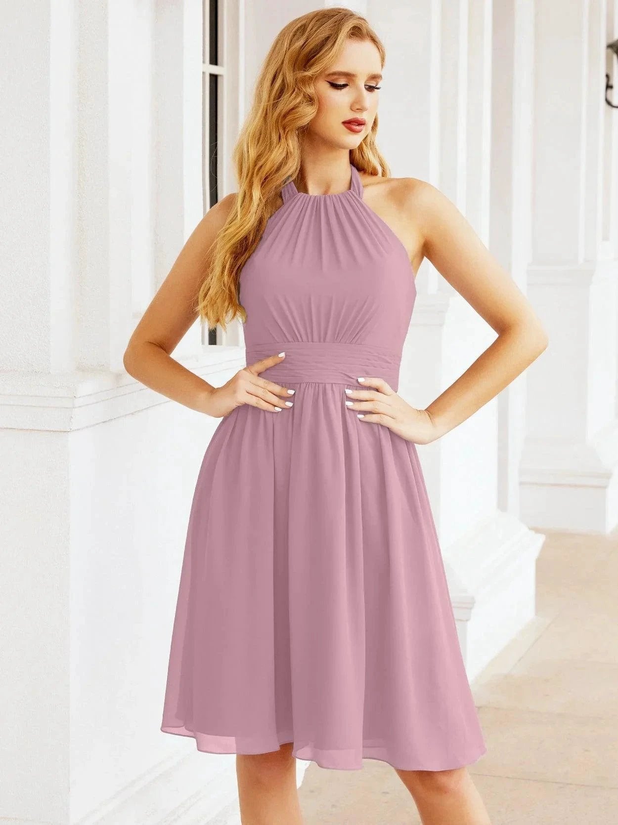 ZapDress Halter Chiffon Bridesmaid Dresses Short Sleeveless Formal Party Dress Open Back 28023 (ZD16957)