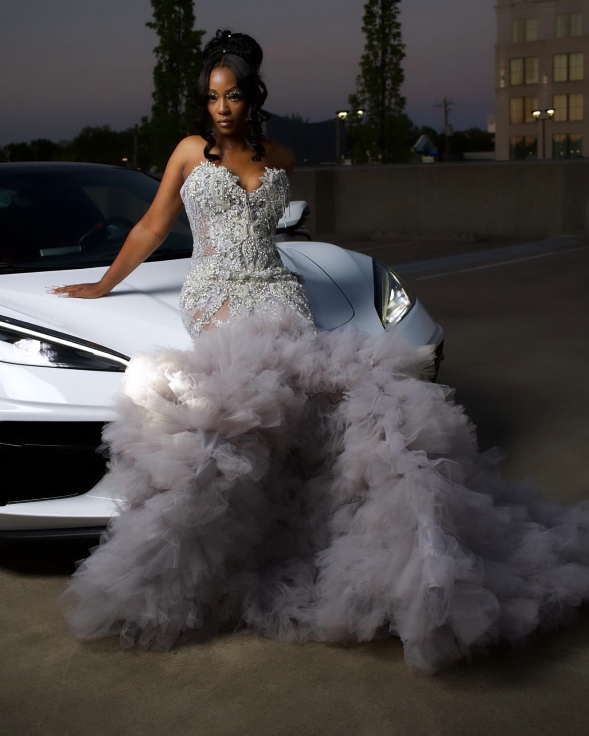The Silver Cloud - 2026 Crystal Beaded Mermaid Gown: Sweetheart Neckline with Cascading Crystal Fringe & Extravagant White Tulle Cloud Ruffle Train (ZD17403)