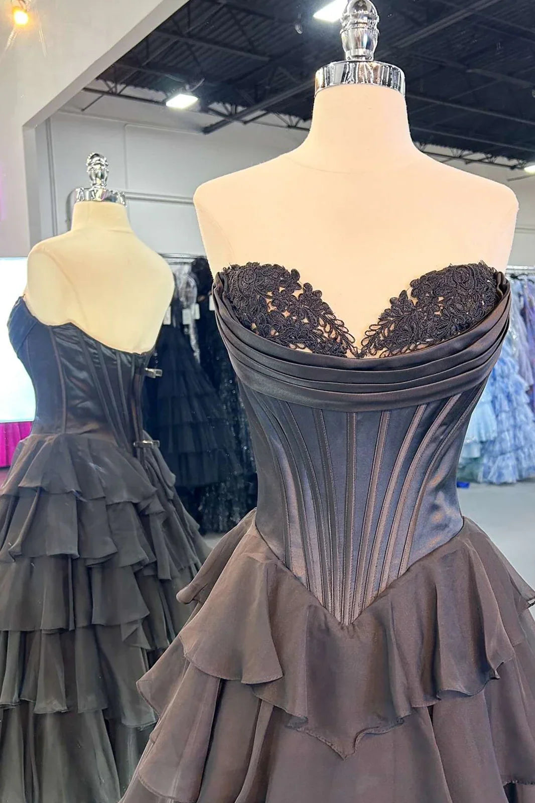 Stunning A-Line Sweetheart Satin Top Long Tiered Chiffon Prom Dress with Slit