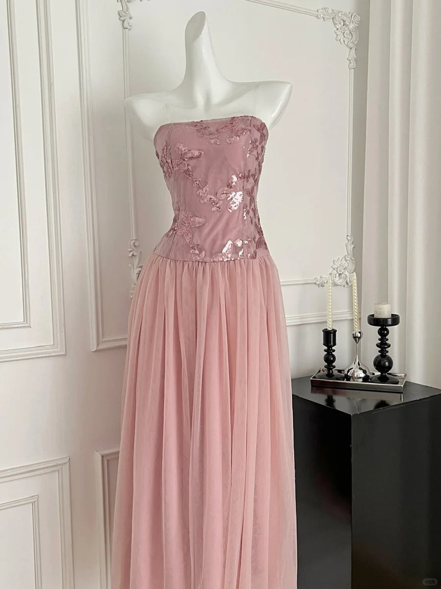 Elegant Pink A-line Tube Top Sequined Tulle Long Prom Dress Evening Dress Bridesmaid Dress - VelvetHem