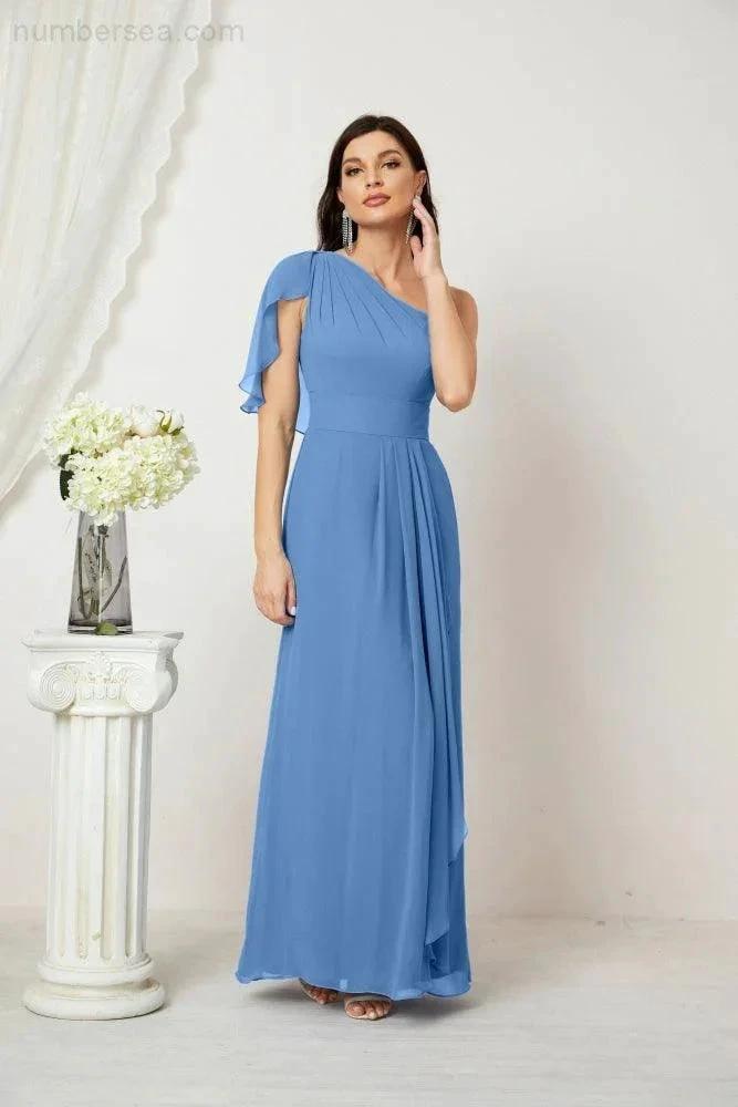 ZapDress Chiffon Ruffled One Shoulder Long Bridesmaid Dresses A-line Formal Evening Gown Side Split 2809 (ZD17049)
