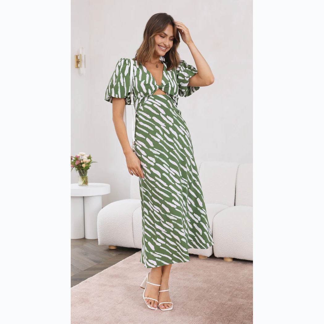 Printed V Neck A Line Midi Dress for a Fresh Style