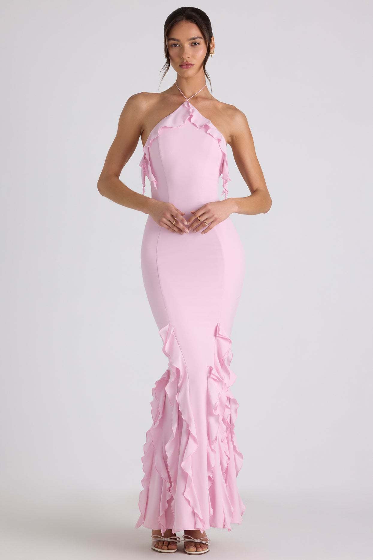 Ruffle - Trim Halterneck Evening Maxi Dress