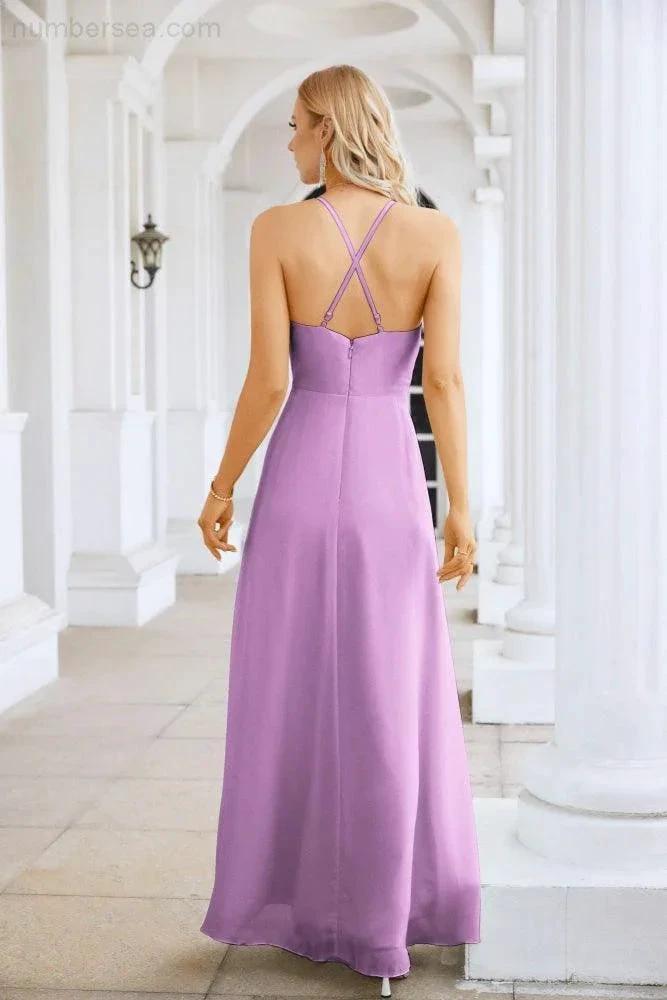 Ladies Chiffon Spaghetti Strap V Neck Front Slit Floor Length Bridesmaid Evening Dress Prom Party Wedding Evening Dress 28116 (ZD17012)