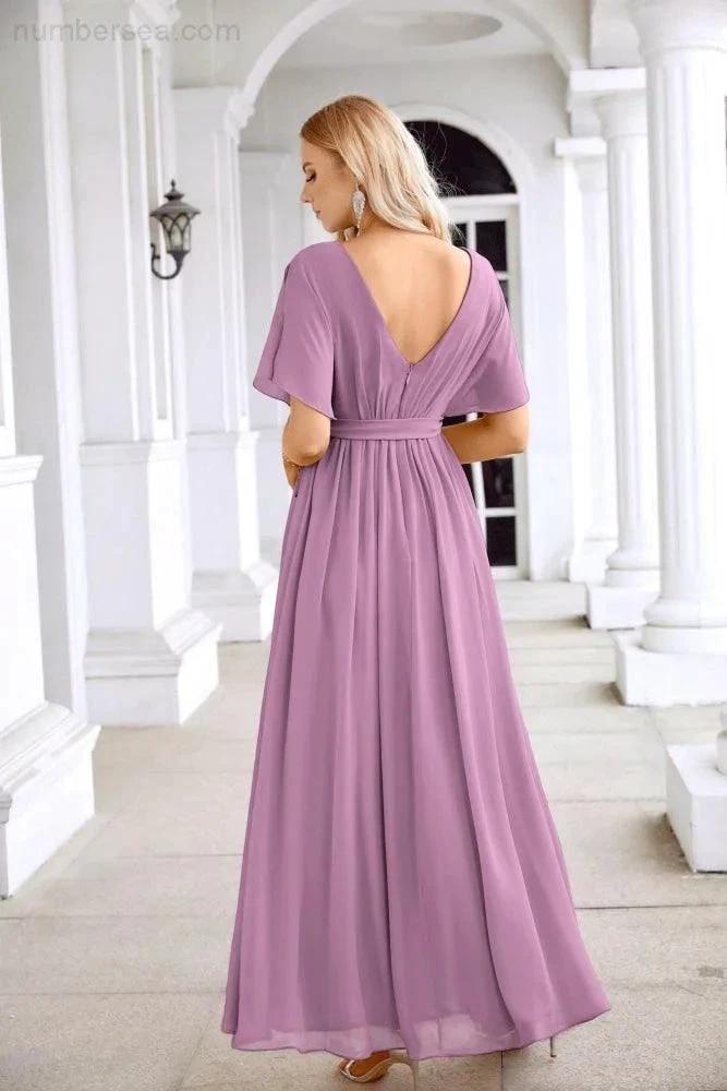 Ladies Chiffon Sleeve Crew Neck Front Slit Floor Length Bridesmaid Evening Dress Wedding Party Evening Dress 28124 (ZD17007)