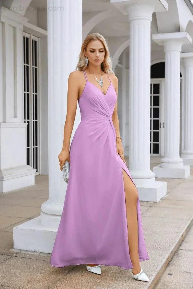 Ladies Chiffon Spaghetti Strap V Neck Front Slit Floor Length Bridesmaid Evening Dress Prom Party Wedding Evening Dress 28116 (ZD17012)