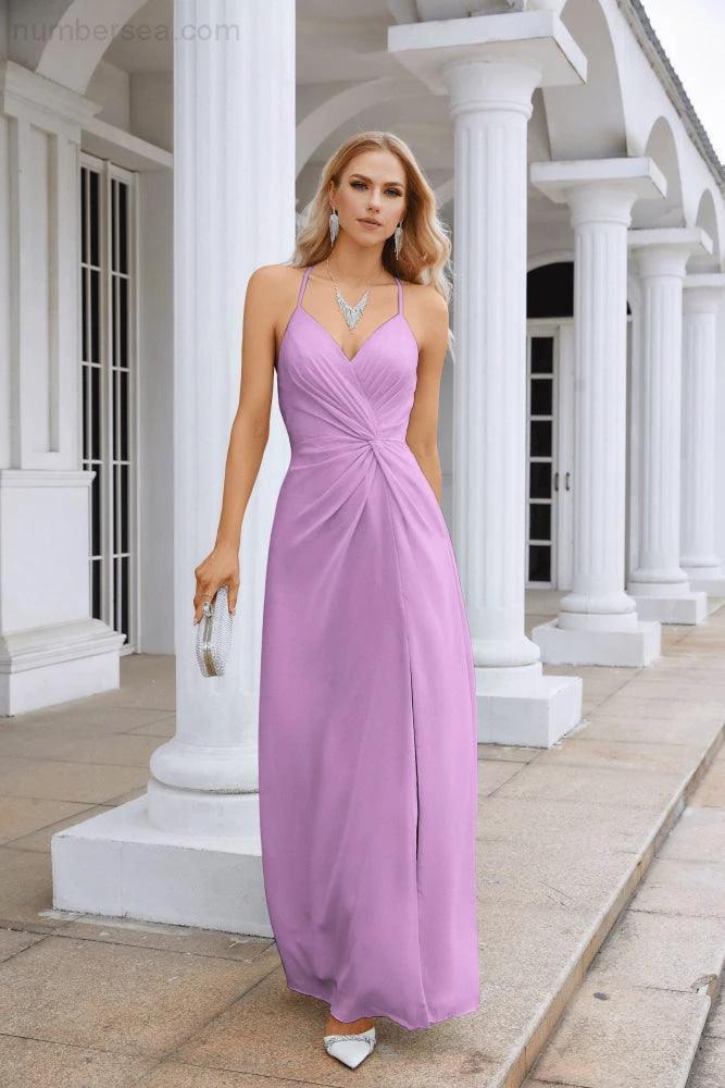 Ladies Chiffon Spaghetti Strap V Neck Front Slit Floor Length Bridesmaid Evening Dress Prom Party Wedding Evening Dress 28116 (ZD17012)
