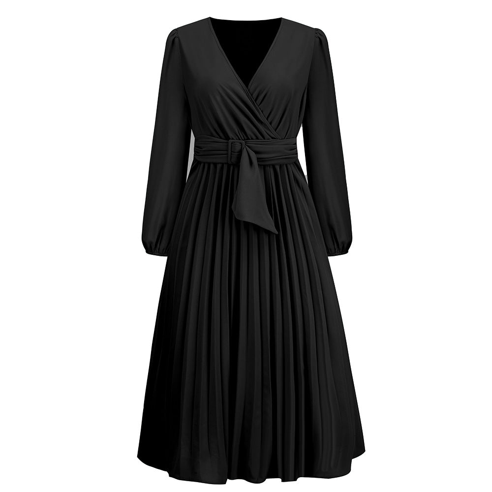 Long Sleeve Slim Fit Pleated Belt V neck Dress A line Dress