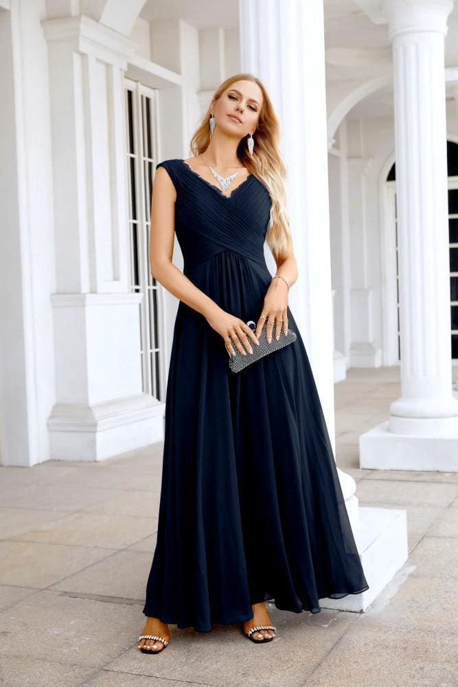 Ladies Chiffon V Neck Sleeveless Floor Length Bridesmaid Evening Dress Wedding Party Evening Dress 28126 by numbersea