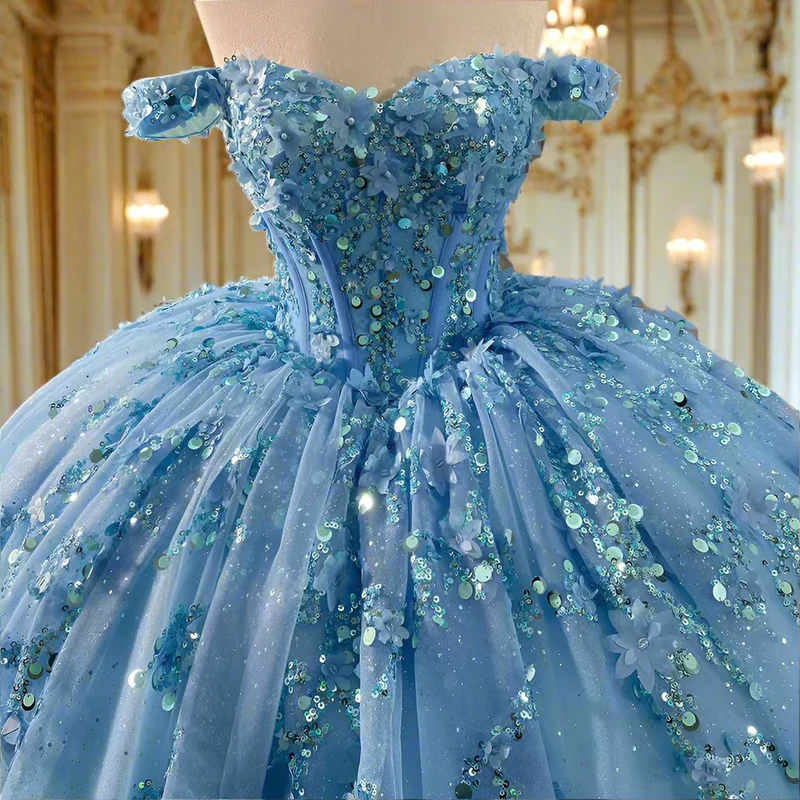 Sparkly Blue Sequins Beaded Ball Gown Luxury Off The Shoulder Sweet 16 Dress Birthday Dress - View 2 | VelvetHem