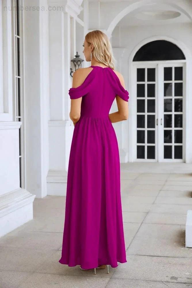 Ladies Chiffon Off Shoulder Swing Sleeve Front Slit Bridesmaid Evening Dress Wedding Party Evening Dress 28117 (ZD17011)