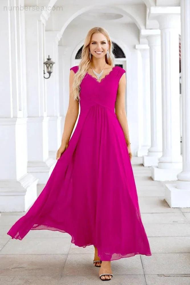 Ladies Chiffon V Neck Sleeveless Floor Length Bridesmaid Evening Dress Wedding Party Evening Dress 28126 (ZD16989)