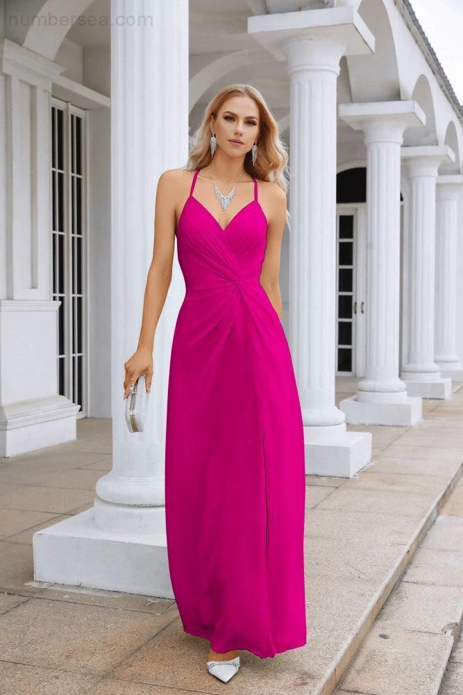 Ladies Chiffon Spaghetti Strap V Neck Front Slit Floor Length Bridesmaid Evening Dress Prom Party Wedding Evening Dress 28116 (ZD17012)