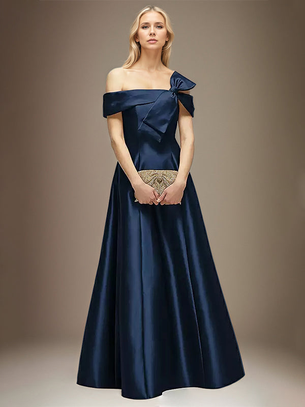 Navy Blue Satin A Line Off the Shoulder Floor Length Dress With Bow - VelvetHem