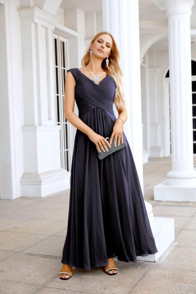 Ladies Chiffon V Neck Sleeveless Floor Length Bridesmaid Evening Dress Wedding Party Evening Dress 28126 by numbersea