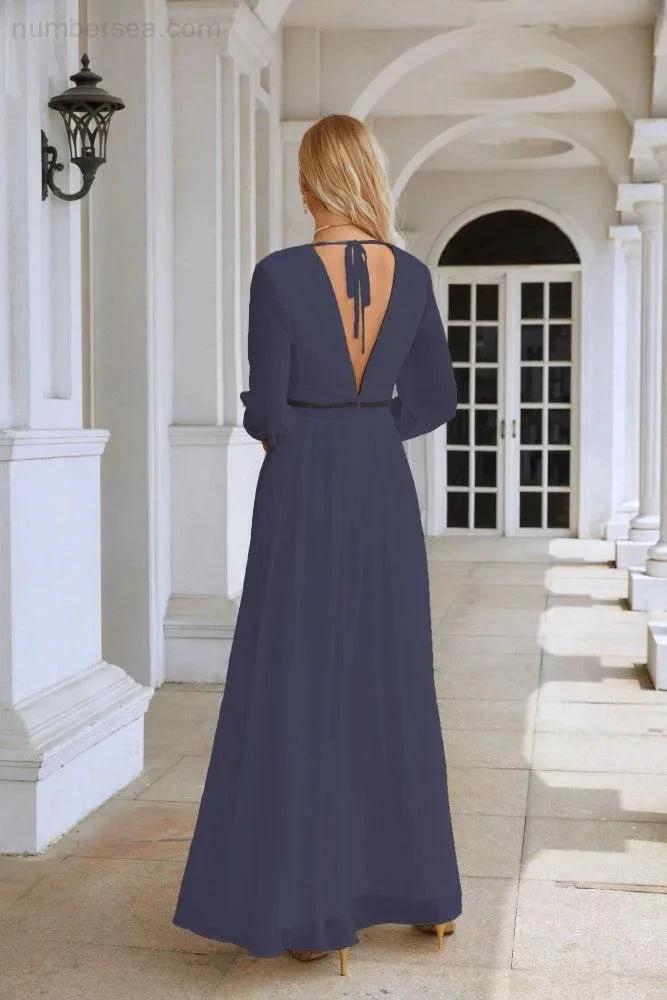 Ladies V Neck Chiffon Long Sleeve Front Slit Bridesmaid Evening Dress Wedding Party Shopping Evening Dress 28109 (ZD16991)