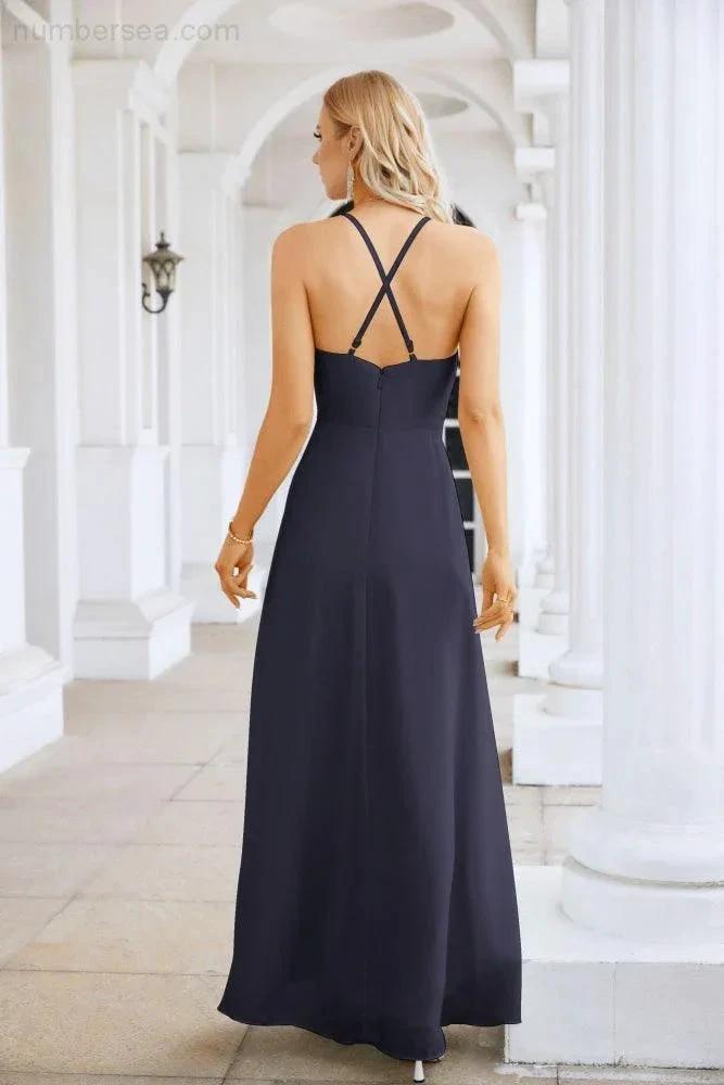 Ladies Chiffon Spaghetti Strap V Neck Front Slit Floor Length Bridesmaid Evening Dress Prom Party Wedding Evening Dress 28116 (ZD17012)