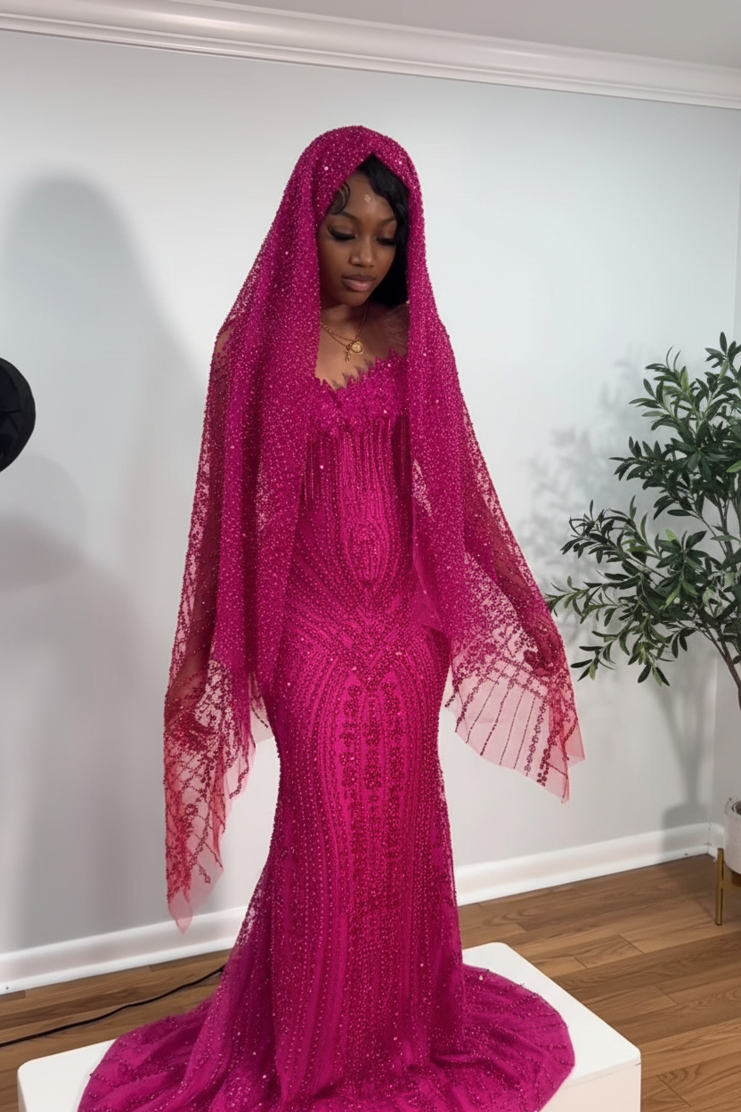 The Ruby Heiress - 2026 Hand-Beaded Crimson Mermaid Gown with Matching Crystal-Encrusted Hooded Veil (ZD17402)