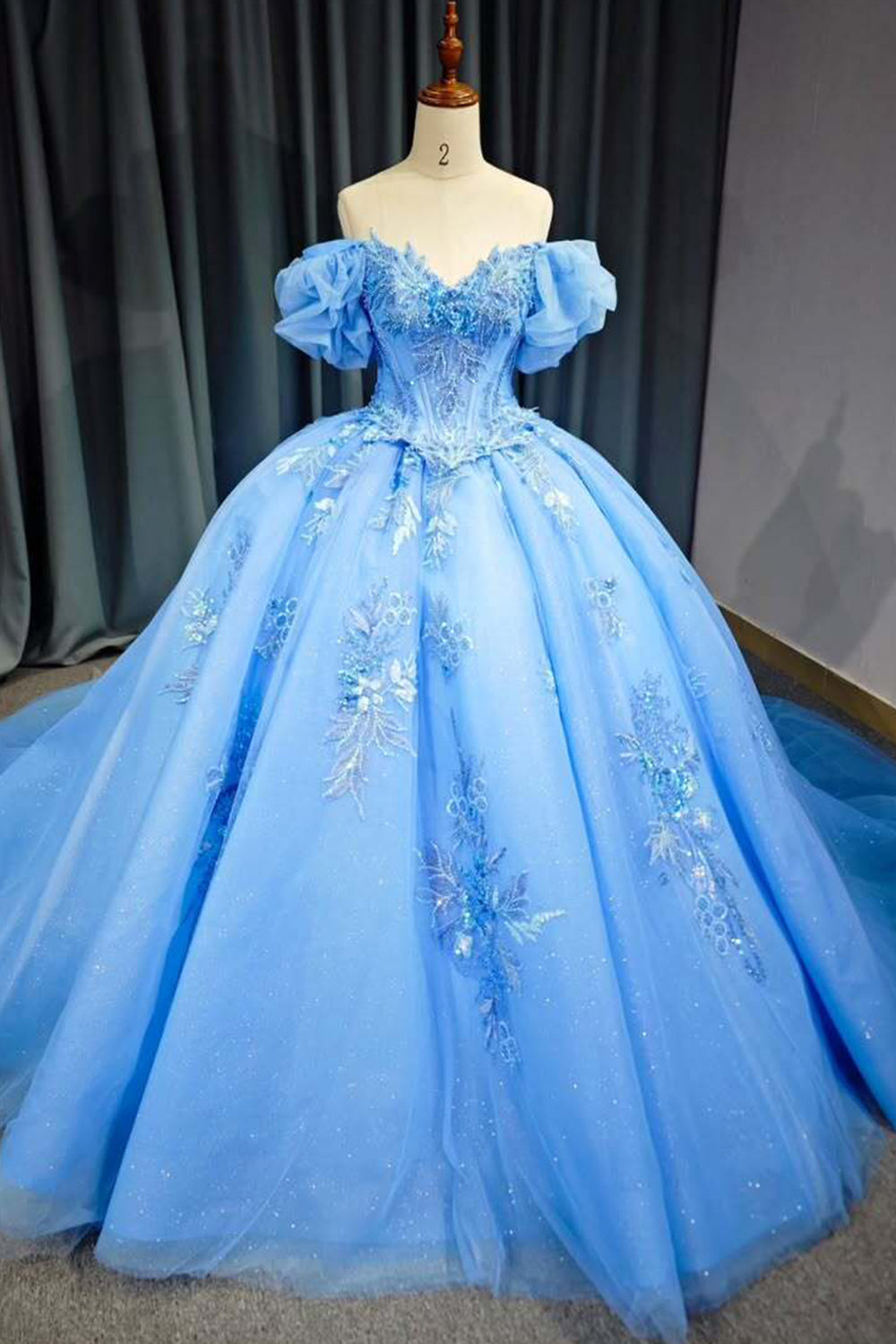 Elegant A Line Off the Shoulder Blue Ball Gown Quinceanera Dress with Beading Appliques - VelvetHem