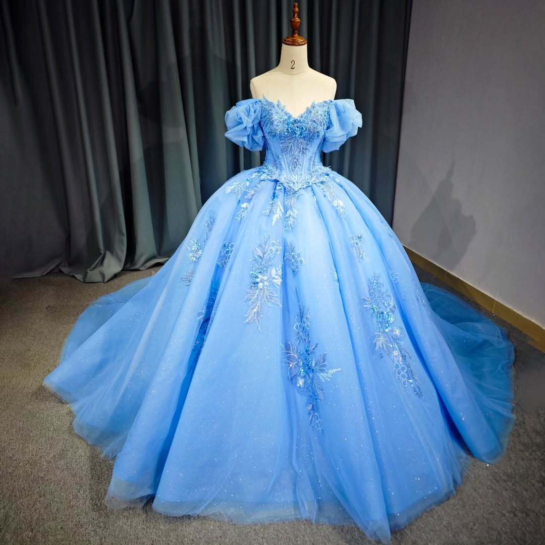 Elegant A Line Off the Shoulder Blue Ball Gown Quinceanera Dress with Beading Appliques - View 3 | VelvetHem