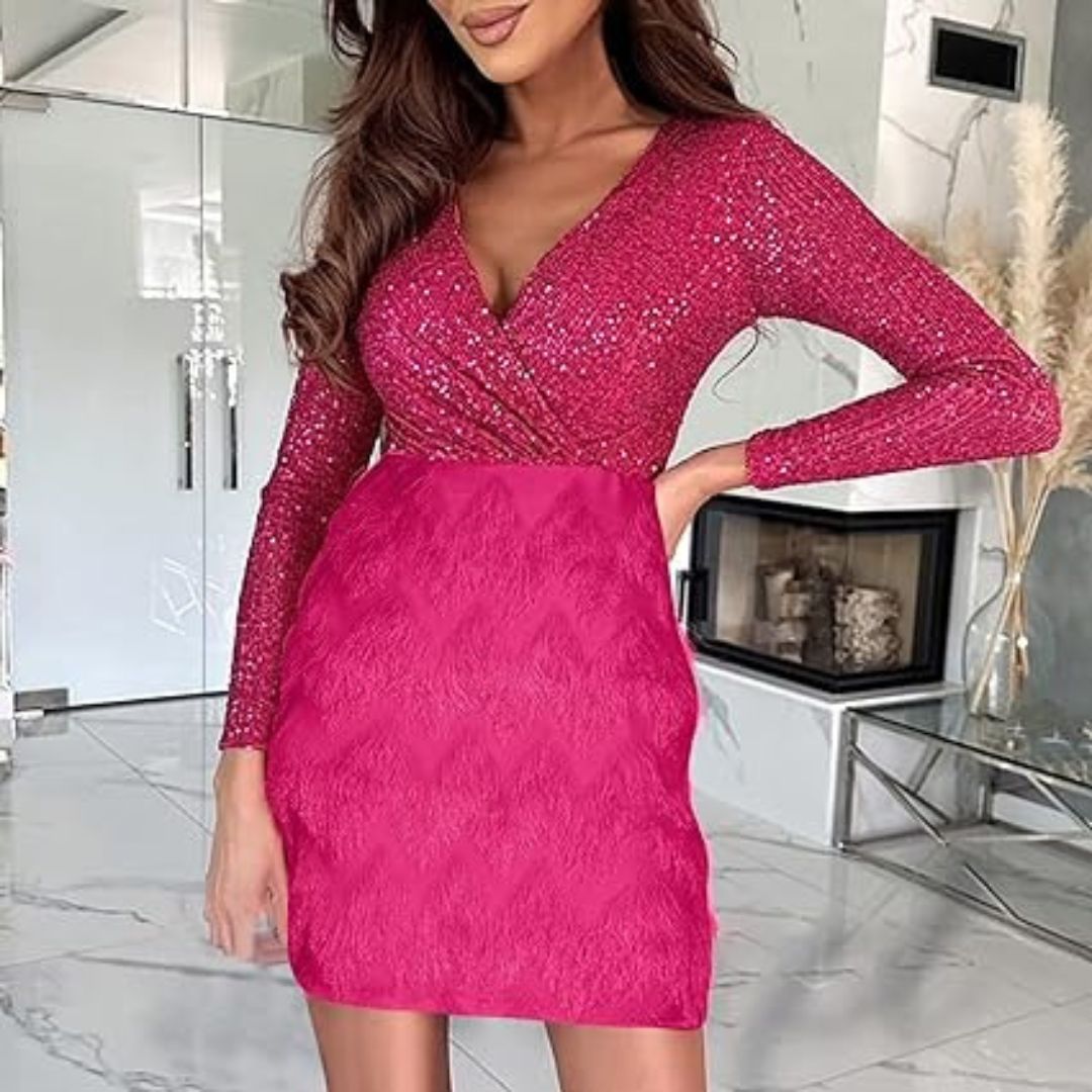 Amalberga Aesthetic Heidi Mode Sequin Dress with V Neck Statement Occasion Edit
