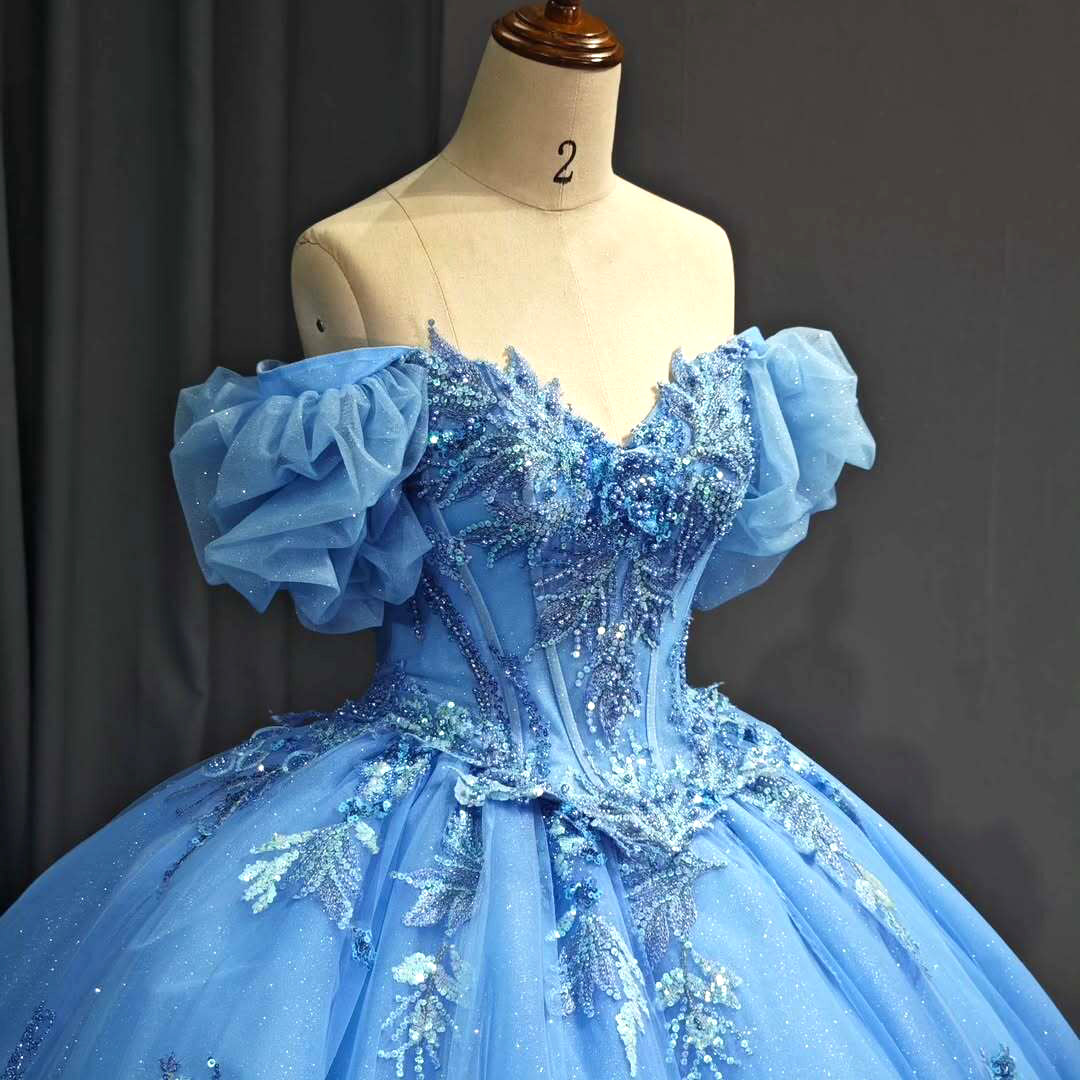 Elegant A Line Off the Shoulder Blue Ball Gown Quinceanera Dress with Beading Appliques - View 5 | VelvetHem