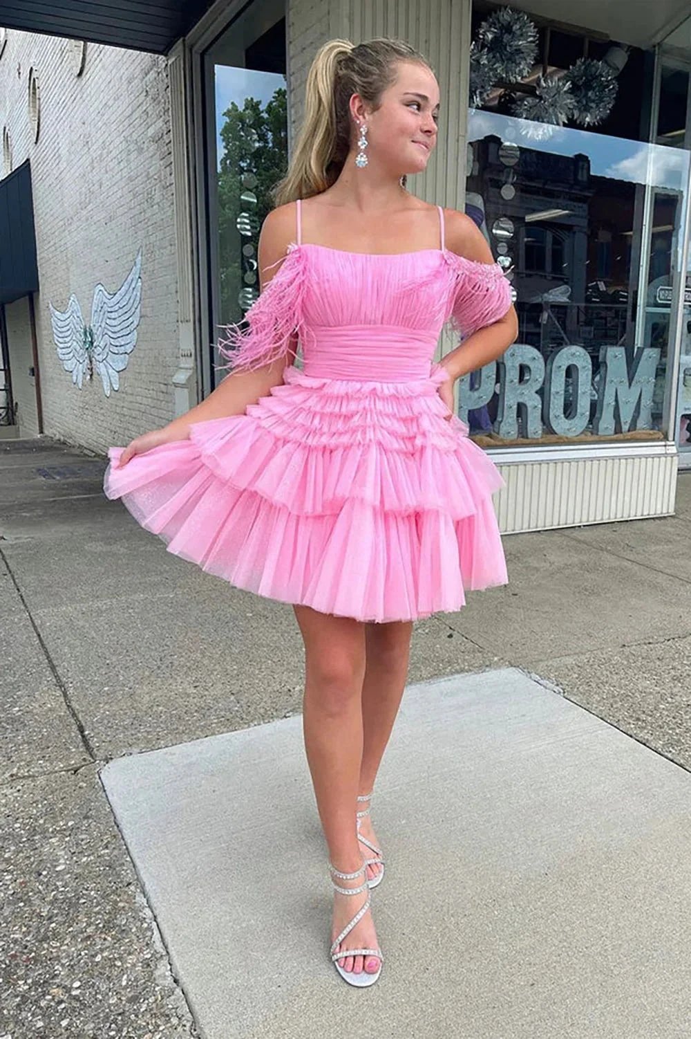 Cute Pink A Line Feather Tulle Homecoming Dresses (ZD11447) - VelvetHem