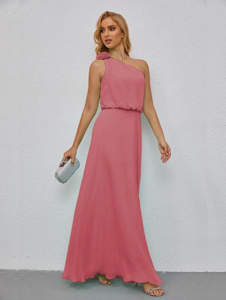 Ruffled One Shoulder Sleeveless Long Bridesmaid Dresses A-line Formal Evening Gown Side Split 28080 by numbersea