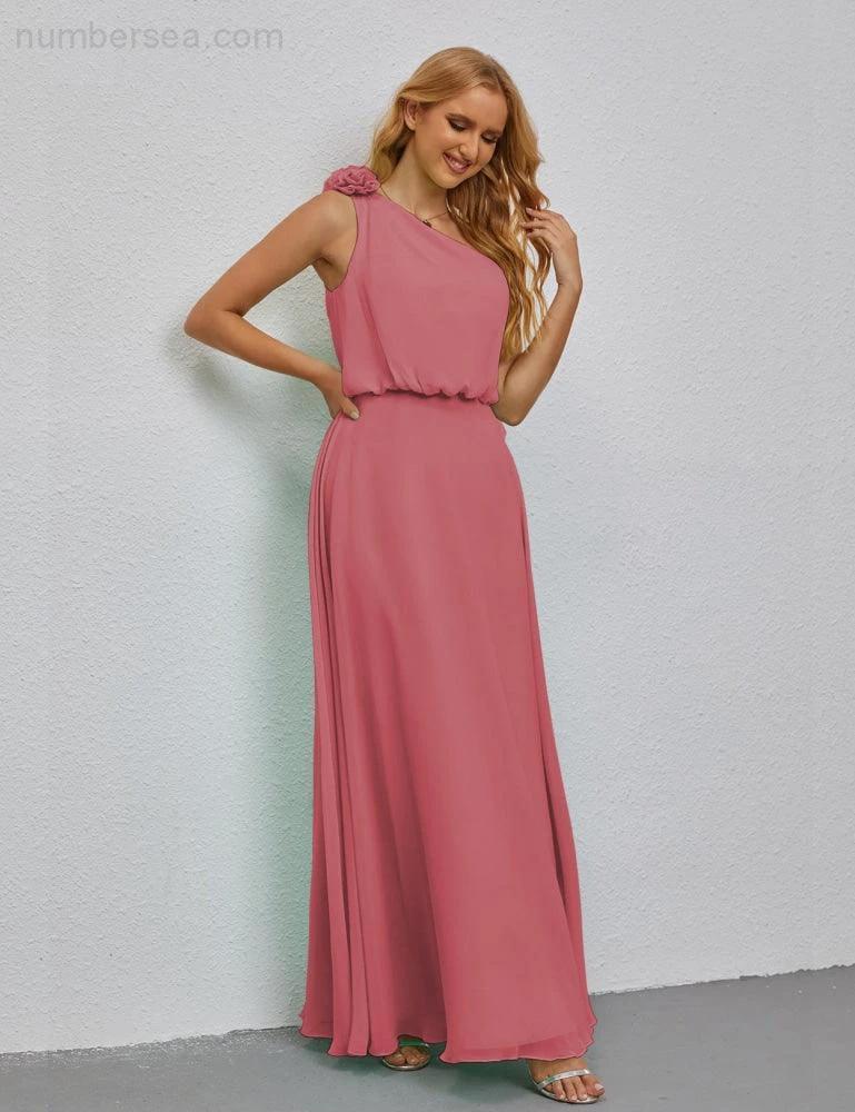 Ruffled One Shoulder Sleeveless Long Bridesmaid Dresses A-line Formal Evening Gown Side Split 28080 (ZD17018)