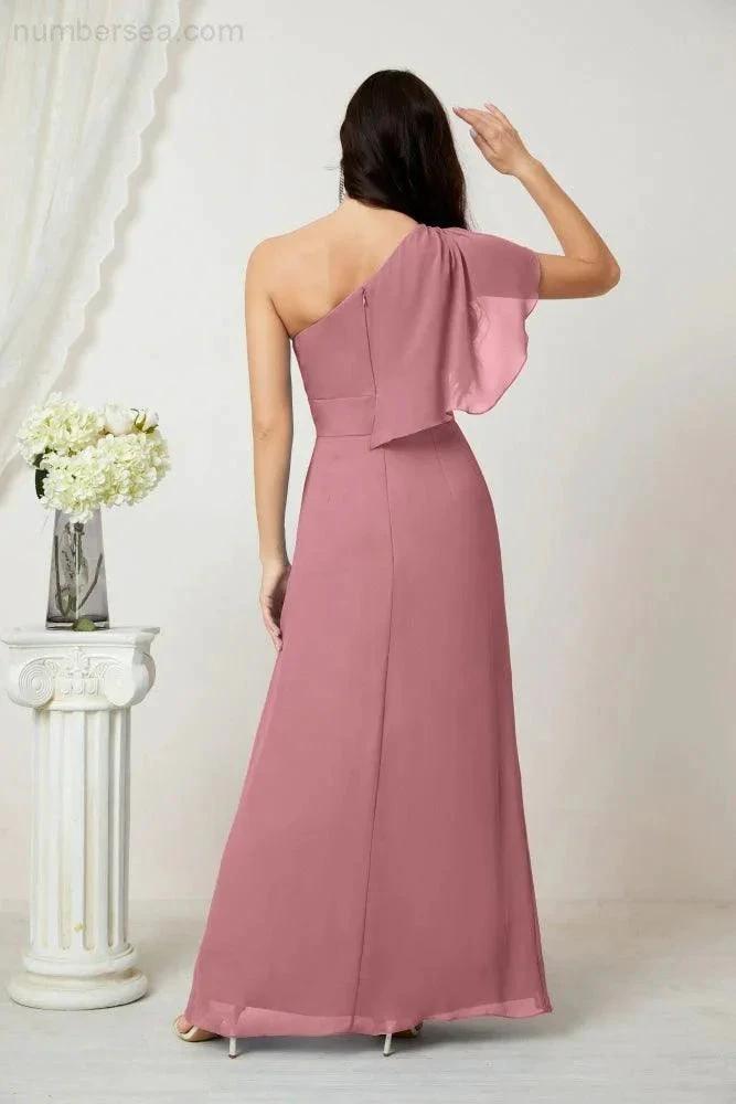 ZapDress Chiffon Ruffled One Shoulder Long Bridesmaid Dresses A-line Formal Evening Gown Side Split 2809 (ZD17049)