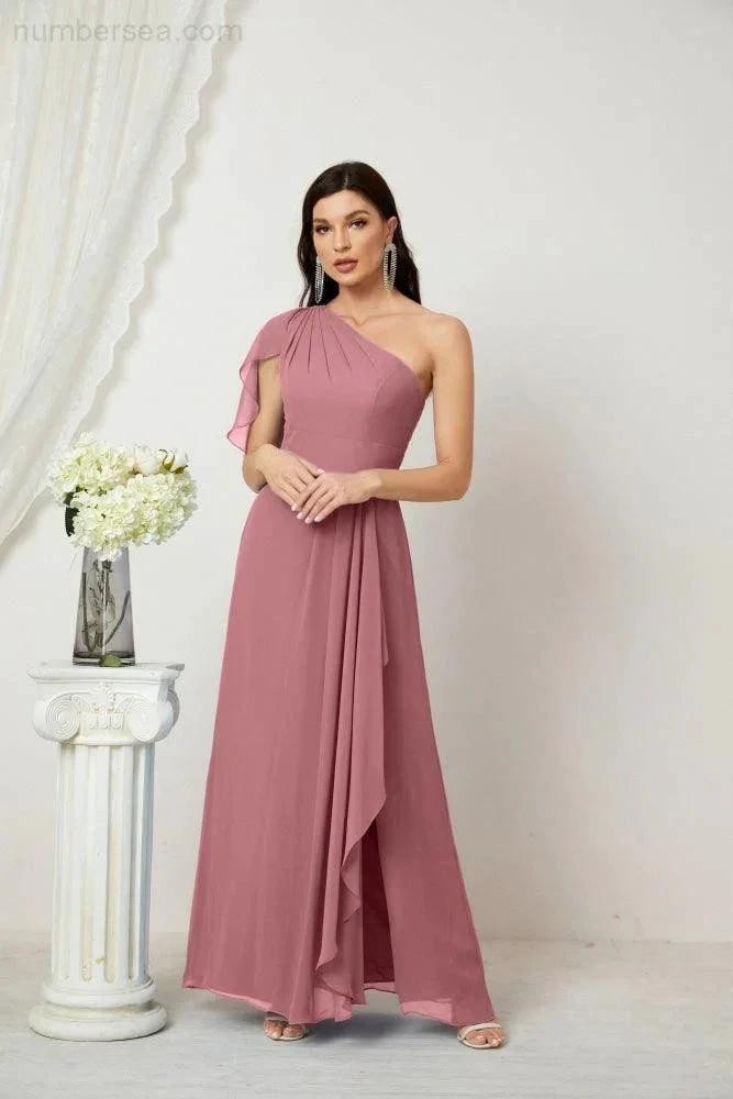 ZapDress Chiffon Ruffled One Shoulder Long Bridesmaid Dresses A-line Formal Evening Gown Side Split 2809 (ZD17049)