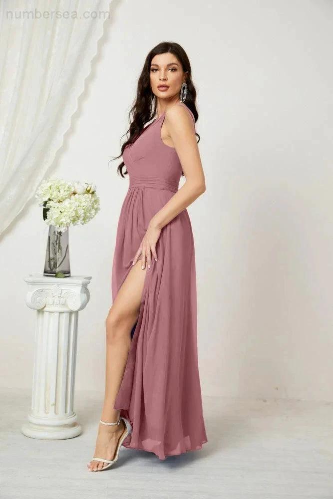 ZapDress Chiffon V-Neck Bridesmaid Dress Spaghetti Strap Long Formal Party Prom Gowns with Slit 28010 (ZD17028)